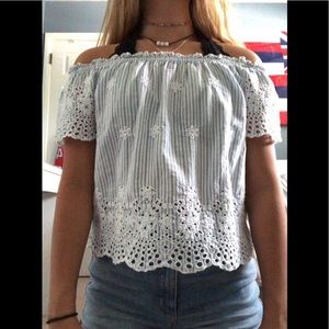 Blue & White Hollister Off the Shoulder Top